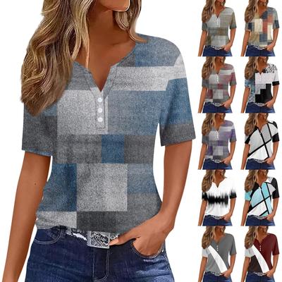 Women's T Shirt Tee Print Button Short Sleeve Tunic Daily Weekend Fashion Basic V- Neck Regular Top