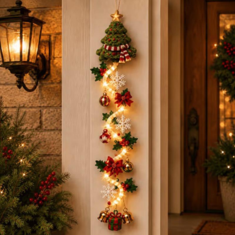 Weihnachts Leuchtende Türhänger Dekoration LED Beleuchtetes Ornament Mit Glocke Schneeflocke Schleife Grünzeug Vertikale Dekoration Für Veranda Eingangsbereich