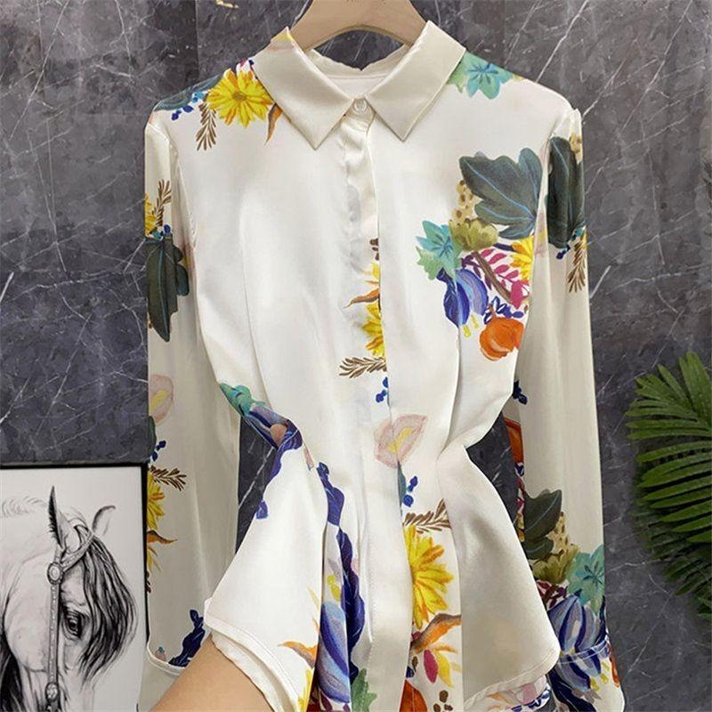 

Женская новая рубашка с отстроченным воротником поло на пуговицах, модная, в стиле ретро, с принтом масляной живописи, из сатина с длинным рукавом S бежевый