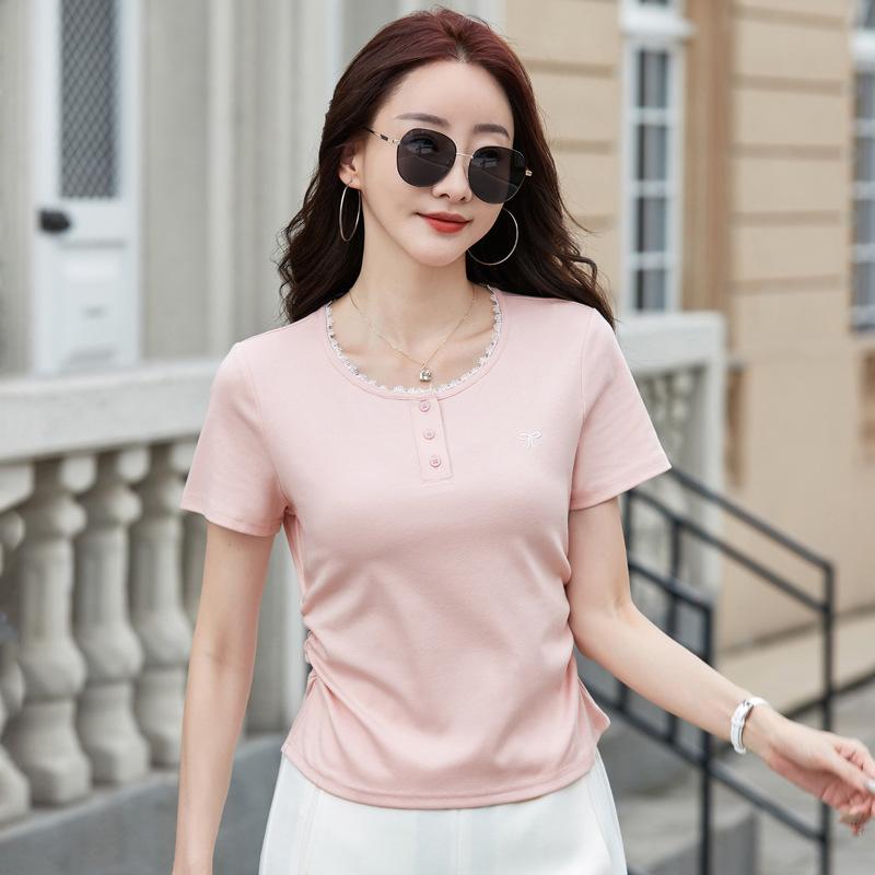 Gray Lace Trim Short Sleeve T-Shirt for Women Summer Ruched Waist Slimming Regular Shoulder Bow Embroidered Top
