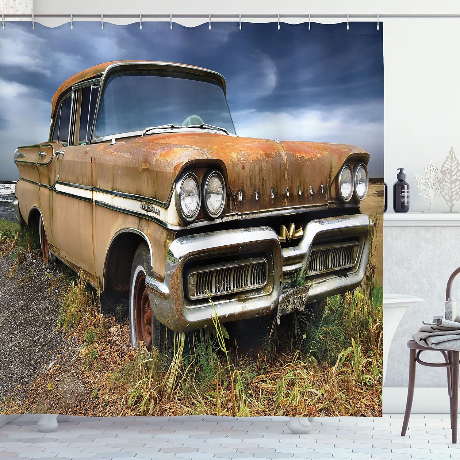 

Rusty Vintage Car Shower Curtain with Hooks – Abandoned Classic Truck, Rural Landscape, Night Blue Umber Tan Decor 90x180cm35x71in