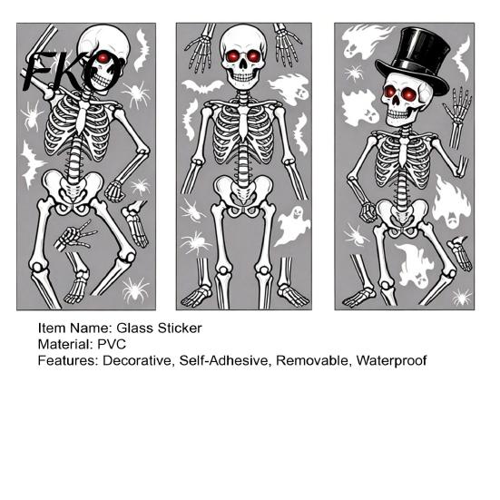 Thick PVC Window Sticker 3Pcs Halloween Skeleton Glass Stickers, Waterproof Clings, Static Decals, Home Decor Removable Stickers for