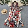 Holiday style purple flower print dress women's spring long-sleeved high-waisted A-shaped skirt waist lotus leaf edge long dress
