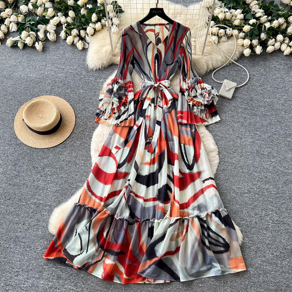 Holiday style purple flower print dress women's spring long-sleeved high-waisted A-shaped skirt waist lotus leaf edge long dress
