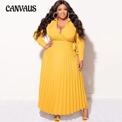 Spring and Autumn Plus Size Women's V-Neck Tie Long Sleeve Pleated Fitting Temperament Dress