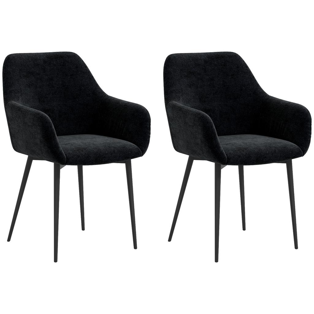 Set of 2 Modern Dining Room Chairs with Armrests, Padded Seat and Steel Legs, 54x57x80cm, Black