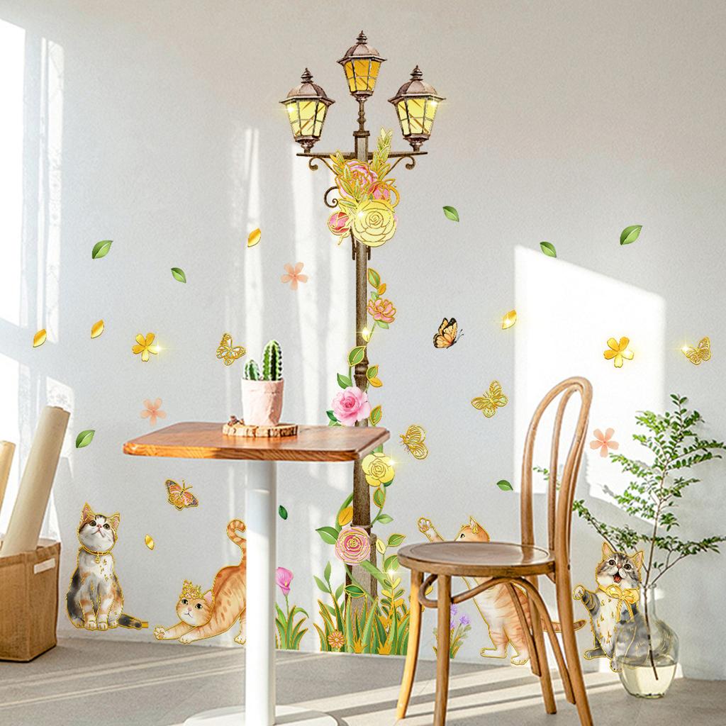 Tj17503 Hand-Painted Cat Street Lamp Flower Bronzing Wall Sticker Decoration Children'S Room Bedroom Background Self-Adhesive Wall