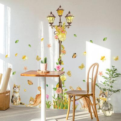 Tj17503 Chat Peint à la Main Lampadaire Fleur Bronzage Autocollant Mural Décoration Chambre d'Enfant Chambre Fond Mur Autocollant