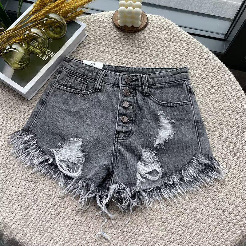 2025 Summer Women's High-Waist Retro Denim Shorts - Trendy Slim Wide-Leg Design