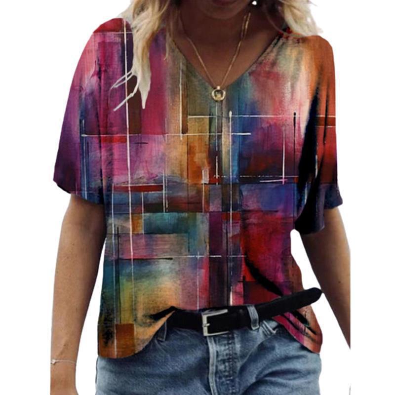 Women's T-shirt 3D Pattern Printed Casual Short Sleeved V-Neck Top Fashionable Street Women's Clothing