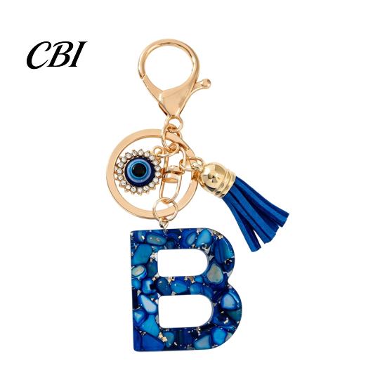 Portable Key Organizer Blue Series Keychain Pendant, Initial Letter Charm Chain with Eyes Tassel Design, A-Z Holder for Bags Backpacks Cars