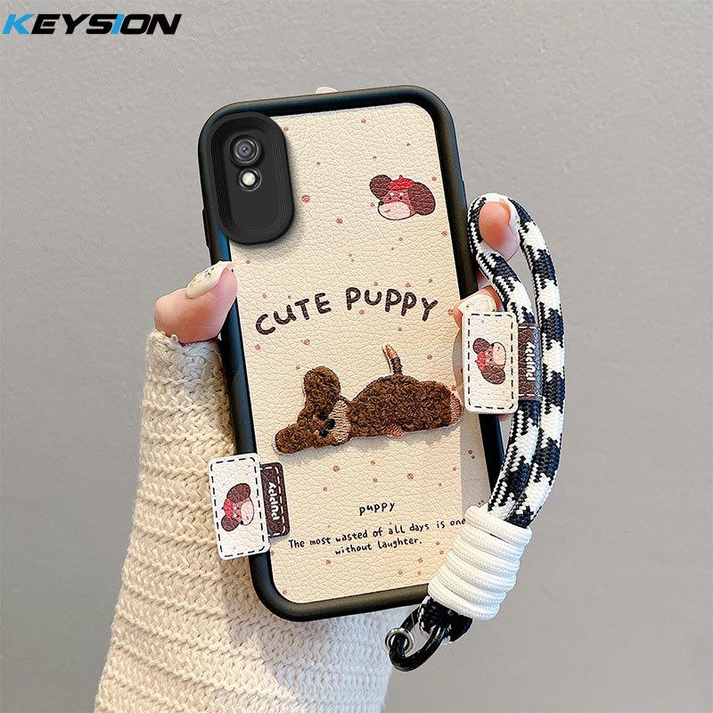 KEYSION Cartoon Cute Plush Embroidery Case for Redmi 10A 9A 9C with Lanyard Silicone Shockproof Phone Cover for Xiaomi Redmi 9C 10A 9A
