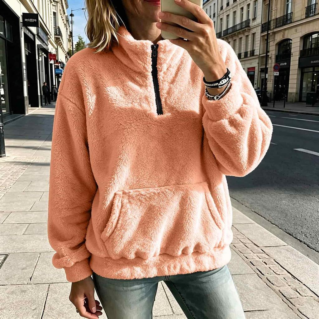 Women's High Neck Zip Up Long Sleeve Loose Fit Casual Pullover Top