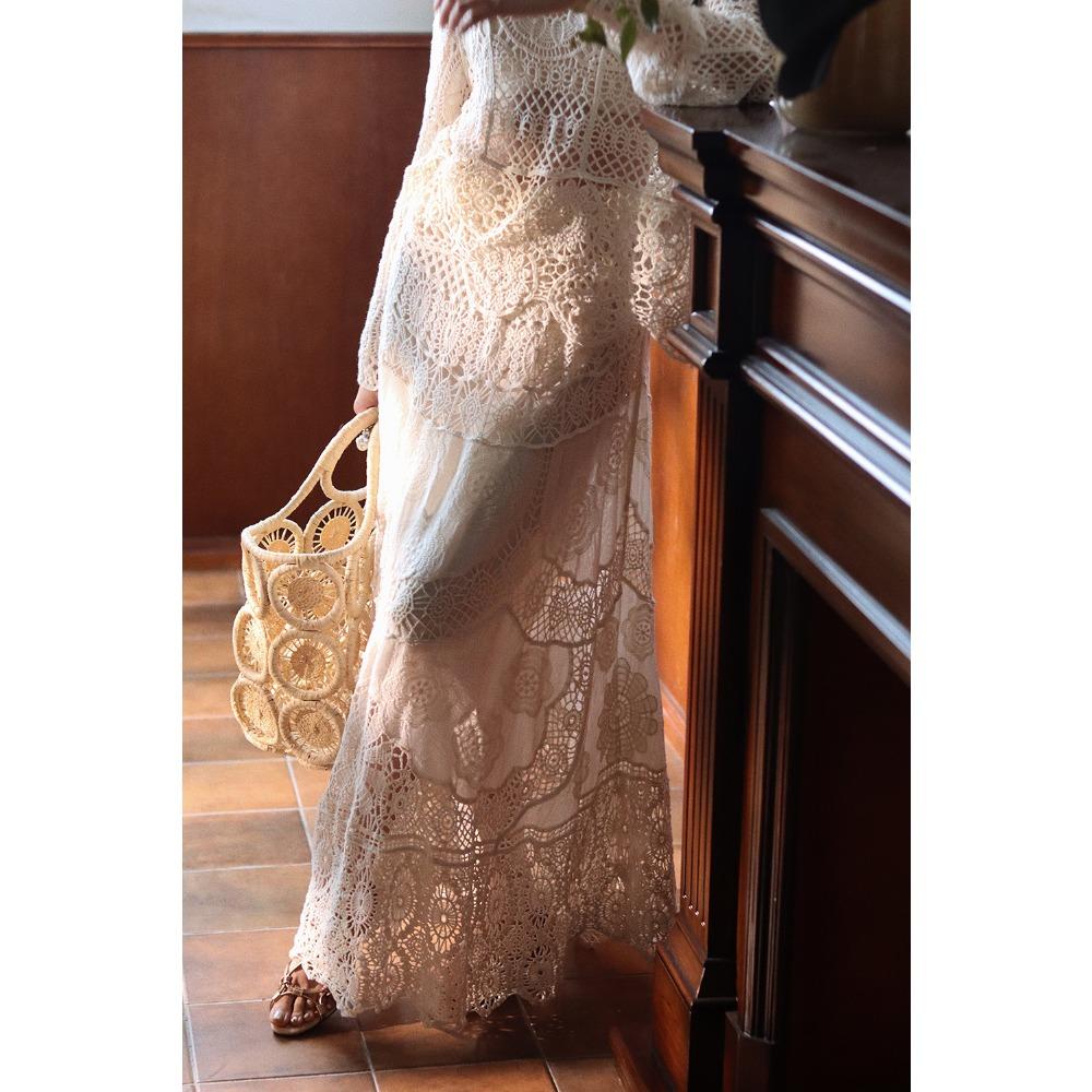 DIMANAF 2025 Skirt Suit Women  Beach Short Sleeve Lace Knitting Hollow Out Sexy O-Neck Hollow Summer Style Tops Tees Loose Basic