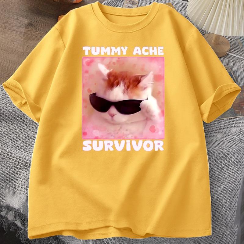 Tummy Ache Survivor Funny Cat Meme Tshirt Unisex Women Silly Stupid Cat Tee Shirt Unisexs Short Sleeve T Shirts Cotton Oversized Top