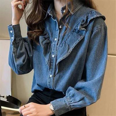 Mode Lässig Rüschen Frauen Denim Jaket Shirt Lose Fit Jean Jacken Einfarbig Einreiher Streetwear Dame Outfits
