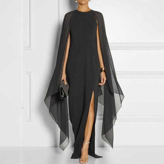 Dámské jednobarevné šifonové maxi šaty s výstřihem do O Nepravidelný šátek s dělenou vrstvou Šaty Šaty Slim Fit Šifónové společenské šaty