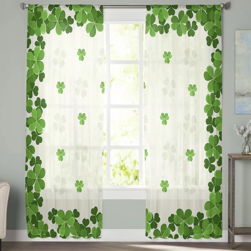 St Patrick Day Curtains Living Room Kitchen Clover Leaves Tulle Luck Wealth Irish Design Chiffon Curtain Light Filtering Polyester Area Window