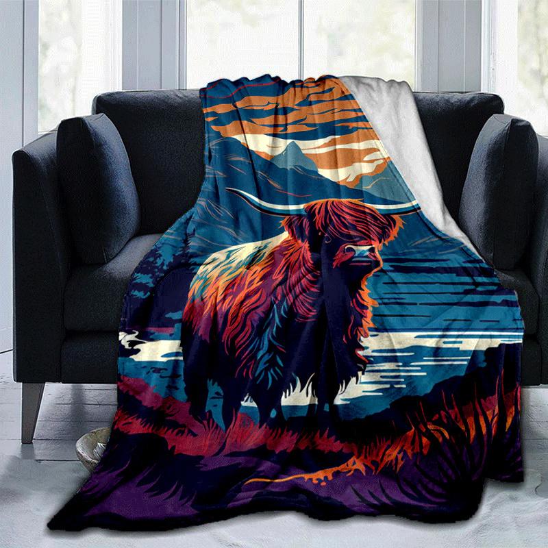 1pc Highland Cow Printing Lightweight Flannel Blanket, Comfortable and Warm Blanket, for Camping Sofa Bed and Couch Office, in All Seasons