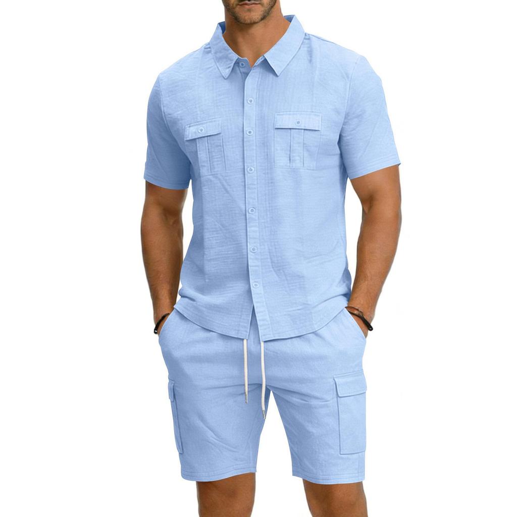 Men's Linen Solid Color Casual Holiday Shirt and Shorts Set