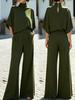 2026 Spring/Autumn Women's Fashion: High Neck Batwing Sleeve Top & Wide Leg Pants Two-Piece Set