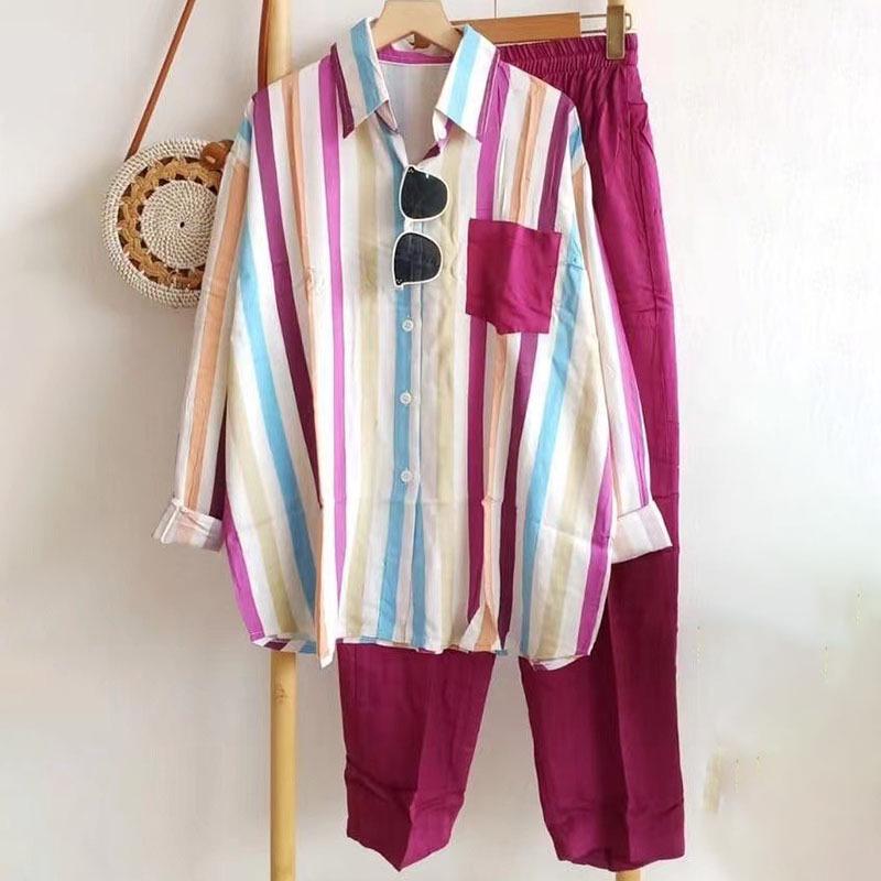 

Повседневный полосатый спортивный костюм на весну/лето - Омолаживающий модный стиль с длинным рукавом XXL