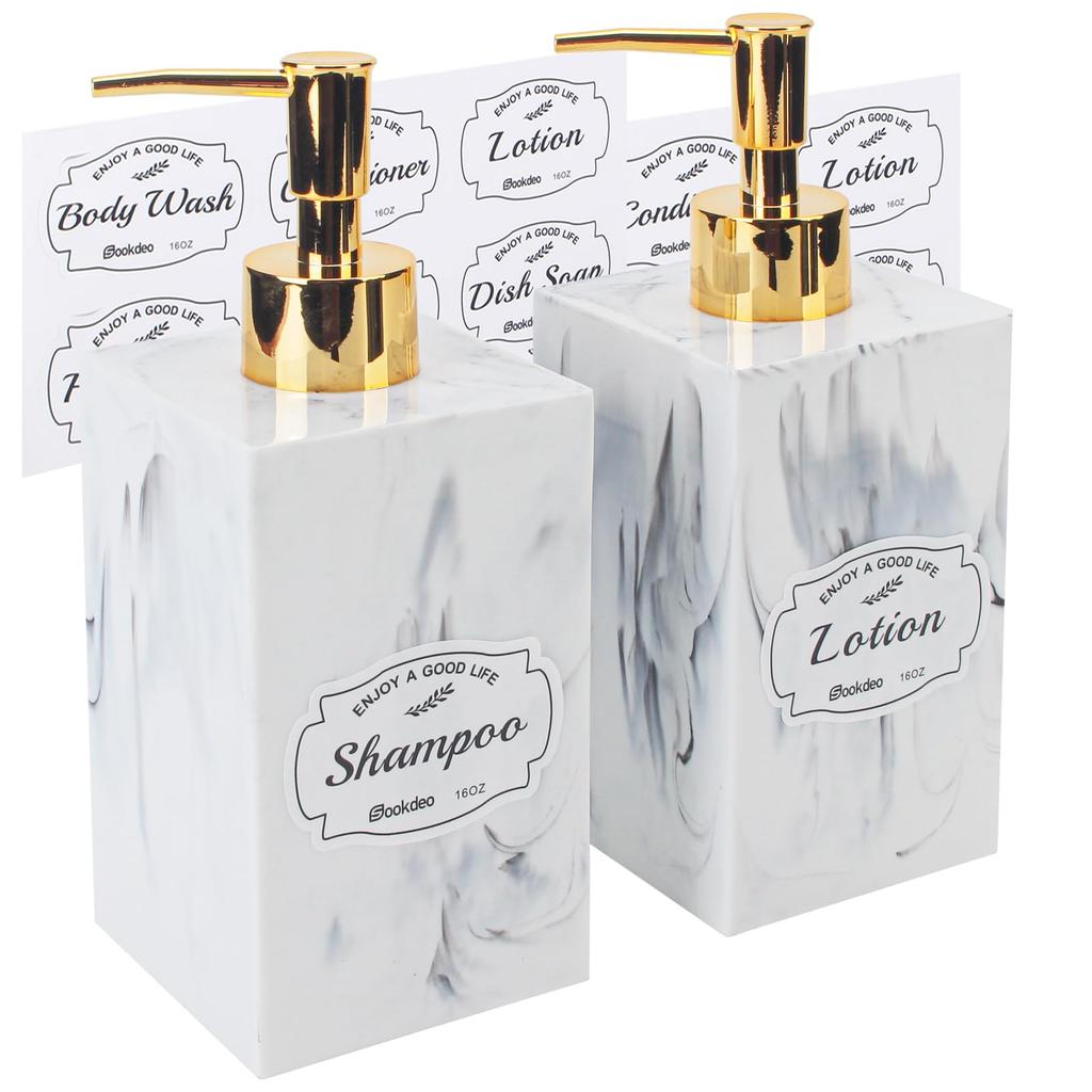 Luxurious Marble Finish Bottles 500ml Set of 2 with Gold Pumps Waterproof Labels Perfect for Bathroom Storage of Lotion White - - & - Countertop,