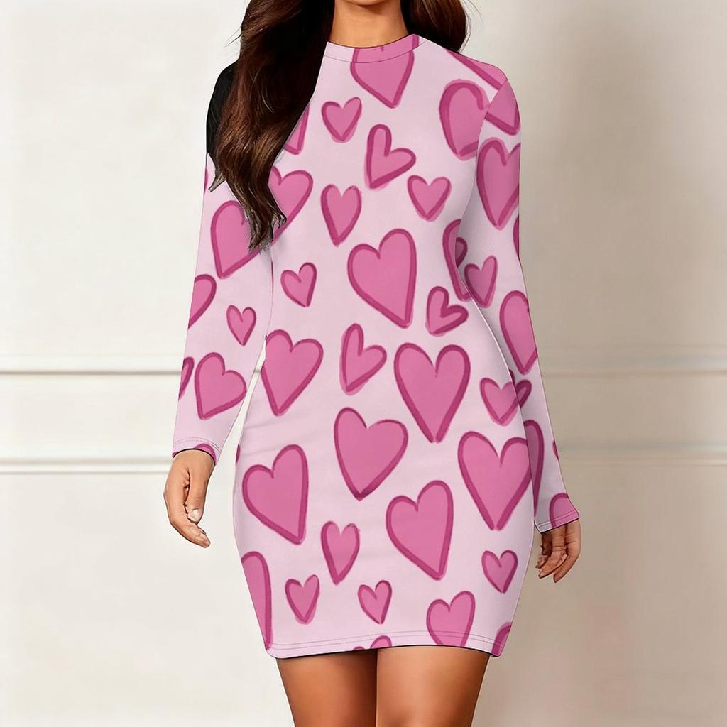 Podzim a zima 2025 Nové dámské módní šaty s 3D potiskem a barvením s motivem srdce, s dlouhým rukávem, kulatým výstřihem, obepínající boky, limitovaná edice ke Dni svatého Valentýna