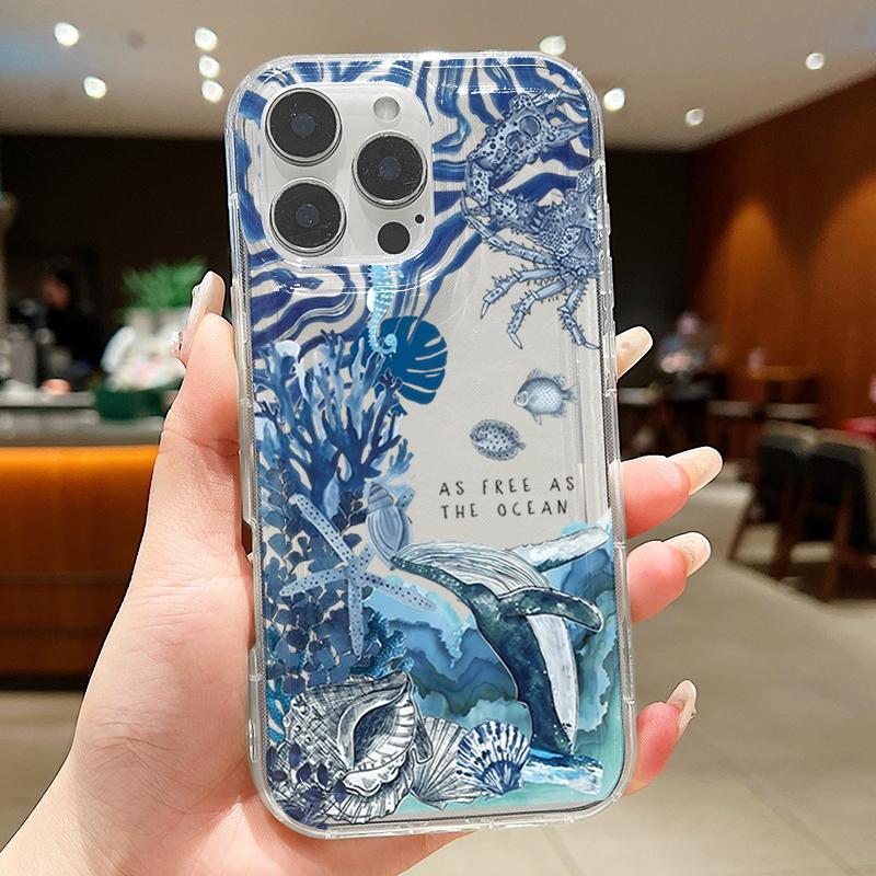 Marine Whale Shells Crabs Transparent Phone Case For iPhone 17 16 15 Pro Max 14 13 Pro 11 12 XR XS Max 7 8 Plus 17Air 16E Cover