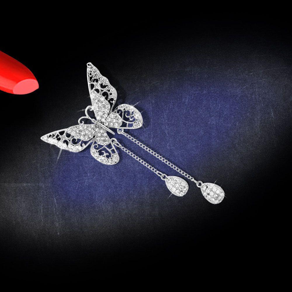 Tassel Drop For Women Girl Cubic Zircon Butterfly Corsage Accessories Brooches Pin Jewelry