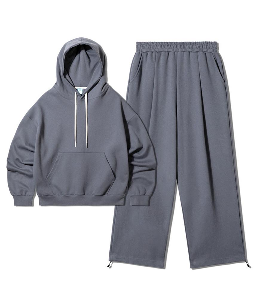 Sweat Balloon Hoodie + One-Pleat Drawstring Training Pants Set-Gray