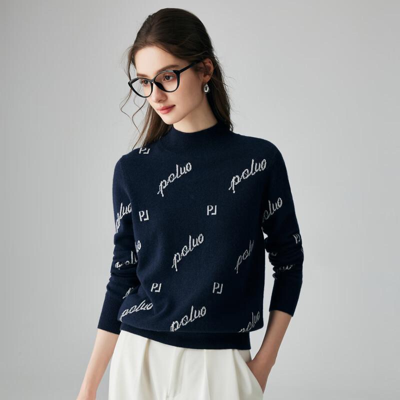 PALUO Women's 100% Cashmere Letter Jacquard Half-Turtleneck Sweater