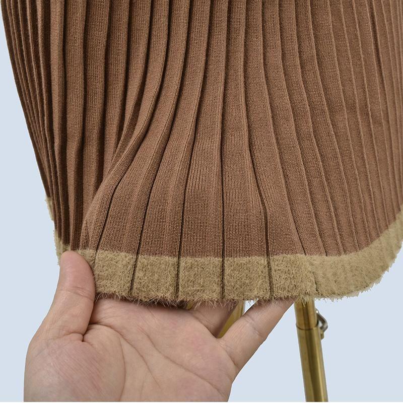 Sexy Color Matching Knitting Skirt Women's Spring and Autumn Preppy Style Easiest for Match High Waist Slimming Pleated Skirt Base Skirt