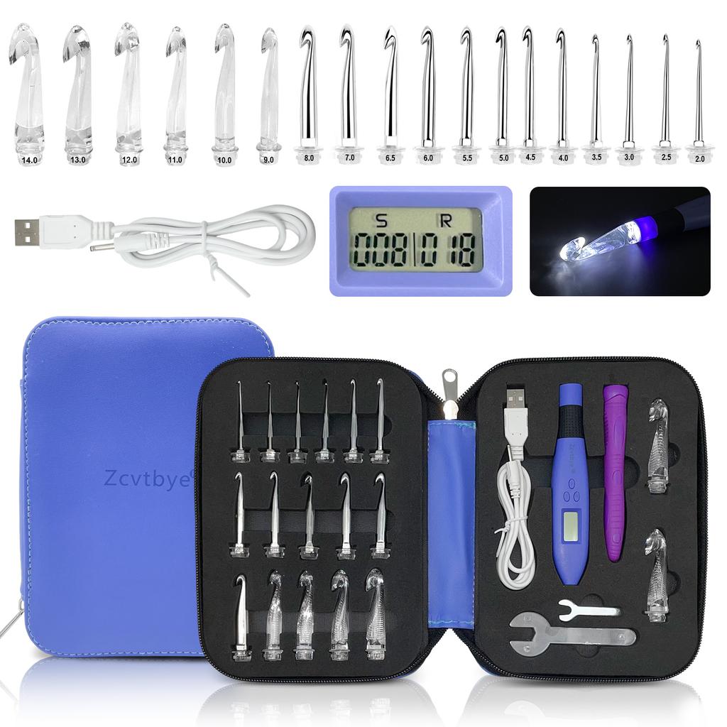 18 Sizes Crochet Hook Set with LED Light and Stitch&Row Counter Digital Ergonomic Handle Knitting Kit DIY Tool for Beginner