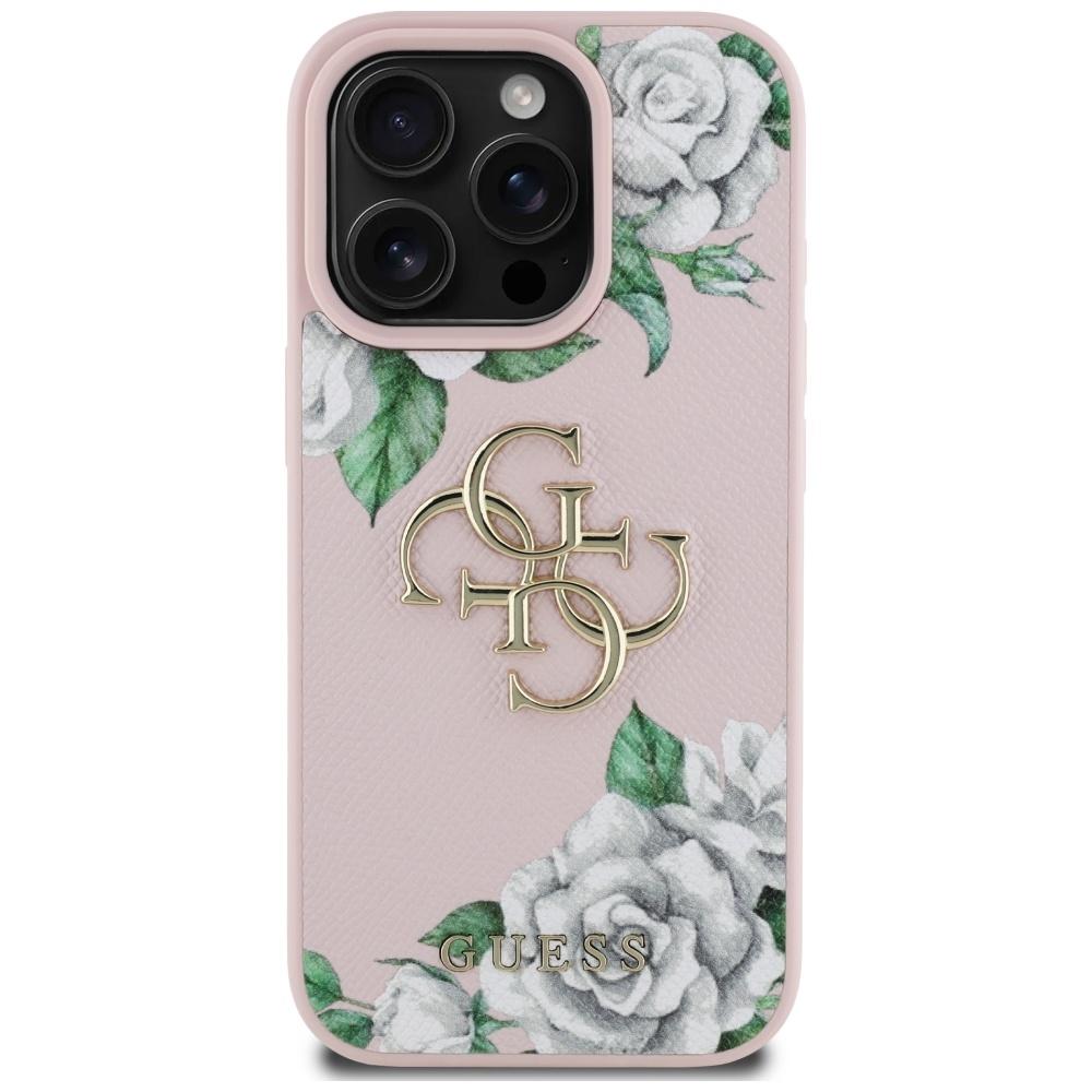 Guess Grained Roses Big 4G Logo Case For iPhone 16 Pro Pink
