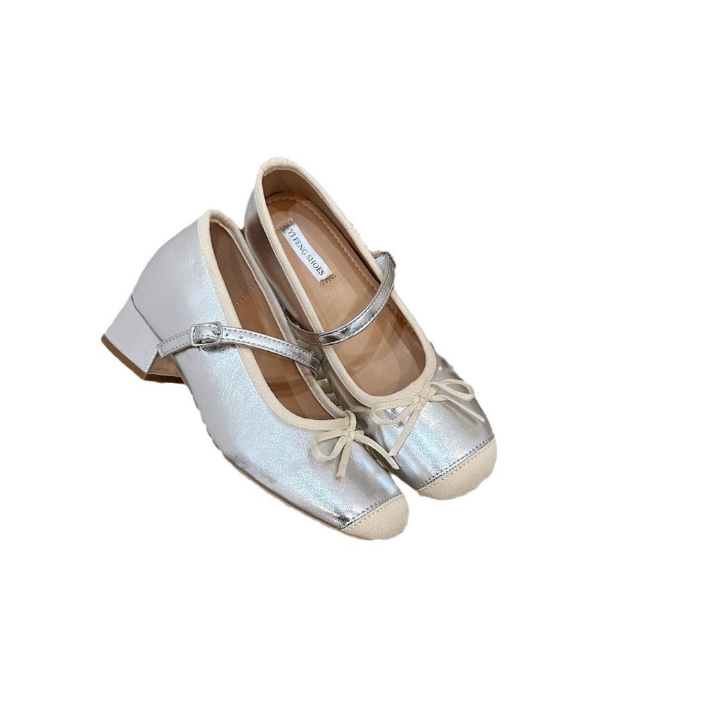 Color matching ballet shoes thick heel plus inner increase 7cm word with French light mouth silver single shoes evening elegant women's high heel