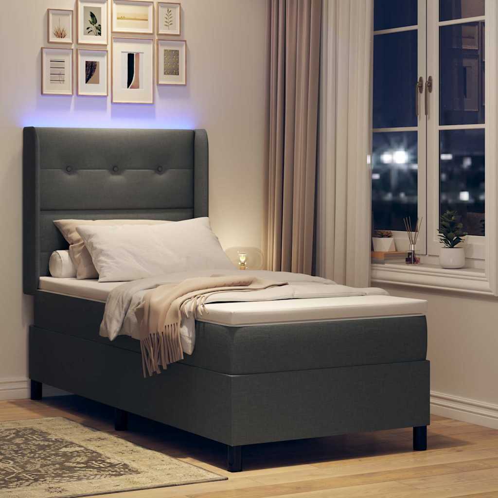 LED Boxspring Bed with Headboard Dark Grey 100 X 200 Cm Fabric