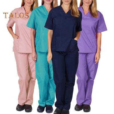 (S-2XL) Set pantaloni de sus pentru asistentă Culoare uni Elasticitate Unisex Buzunare cu gât în ​​V Uniforme cu uscare rapidă Seturi de ținute pentru lucru