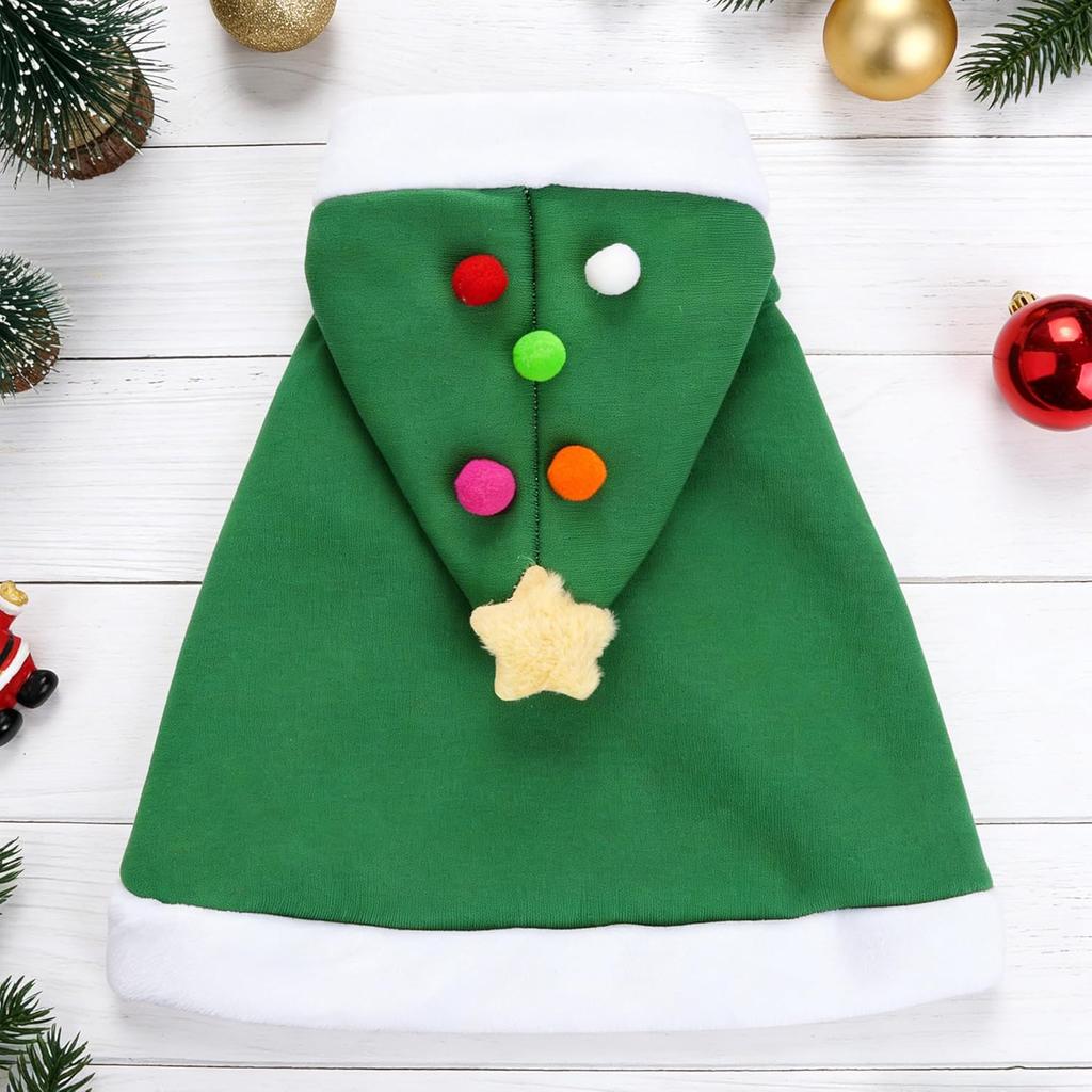 1Pc Cat Christmas Cape with Star and Pompoms Hat Festive Pets Christmas Costume Green Soft Cloak for Small Breed Dogs Holiday Party Outfit Pet Attire