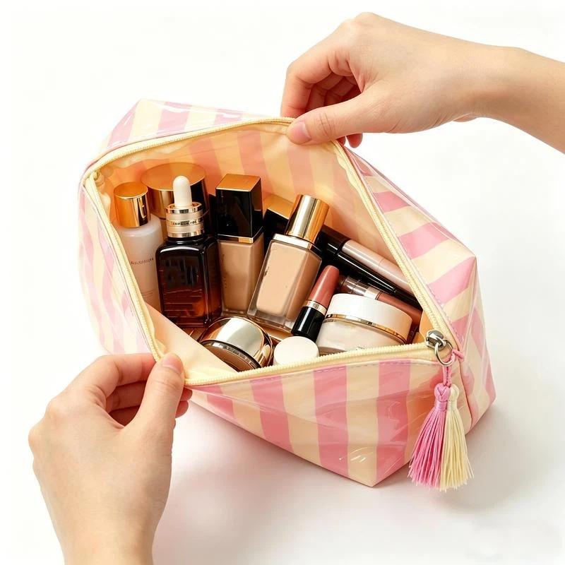 Glossy Striped Cosmetic Organizer Portable Fringed Travel Toiletry Bag Makeup Bag Pvc Waterproof Cosmetic Bag Makeup Brush Bag