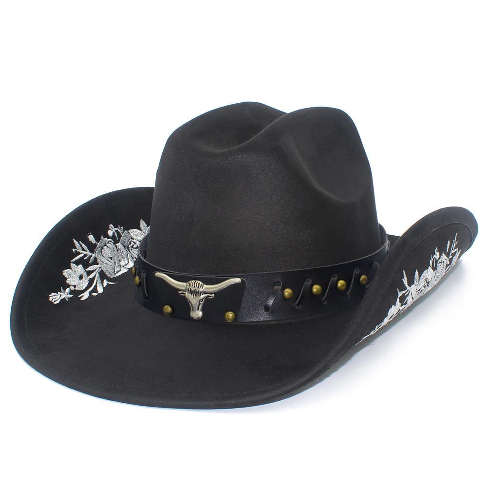 High Quality Suede Three-dimensional Embroidery One-word Top Cowboy Hat, Personalized Versatile Fashion Jazz Hat, European and American Style Top Hat