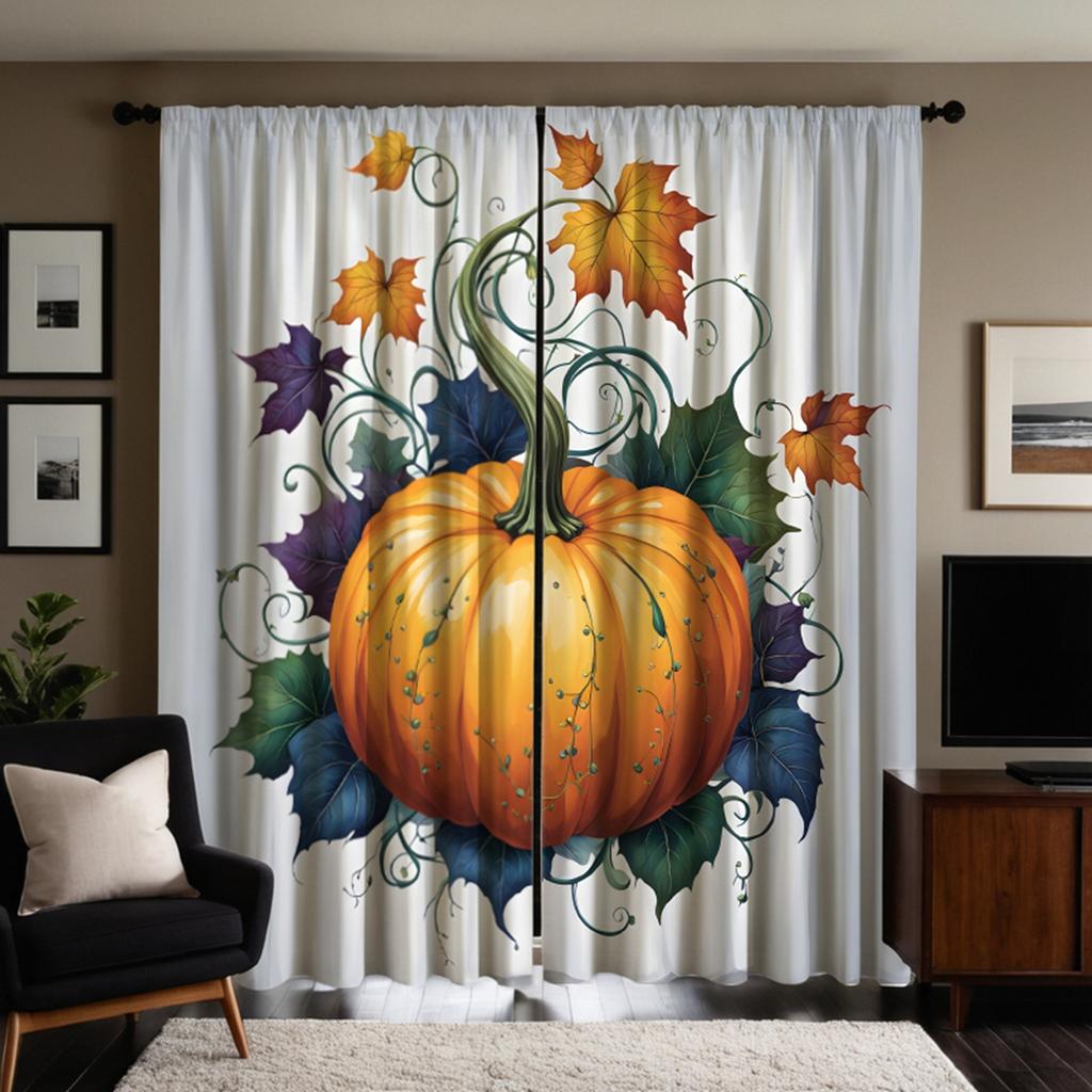 2er Set HD Erntedankfest Mehrfarbiges Blatt Kürbis Vorhang Gelbe Bindung Digital bedruckter Vorhang Wohnkultur Stil Dekorieren liv