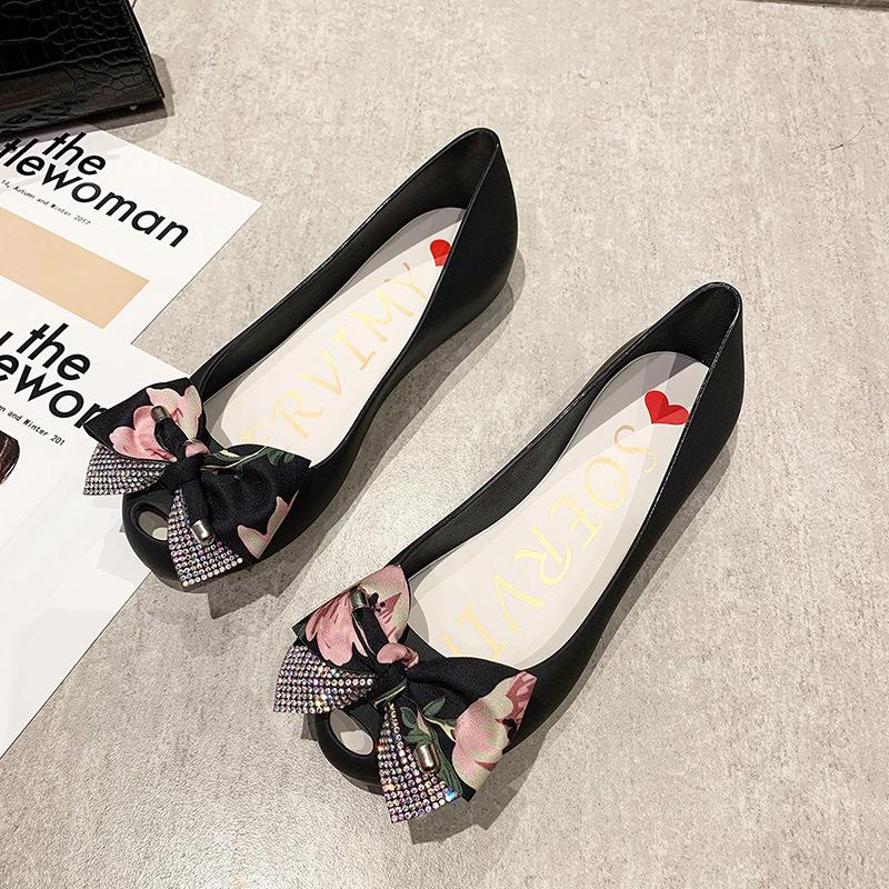 Fashion Sexy Peep Toe Mixed Color Silk Bow Flats Women Candy Color Jelly Shoes Double Layer Bowtie Ballet Shoes Summer Beach Shoes