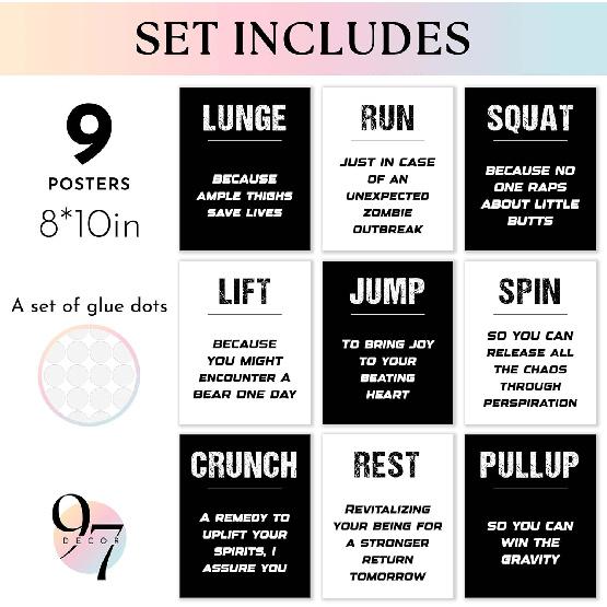 97 Decor Workout Posters for Home Gym Decor - Gym Posters Motivational Quotes Wall Art Prints, Black White Fitness Exercise Pictures for Men Bedroom