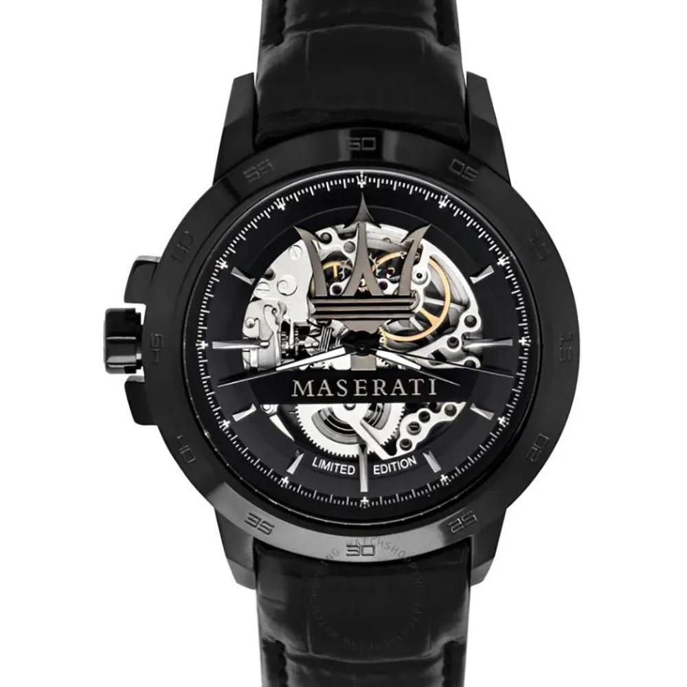 Maserati Ingegno Black Dial Black Leather Men s Automatic Skeleton Watch R8821119006 чёрный