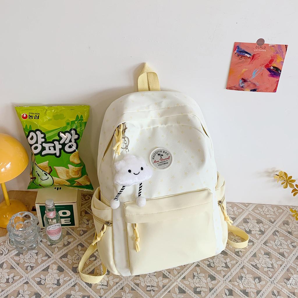 Trendy Lightweight Student Backpack With Polka Dot Print Color Blocking Design For School Use