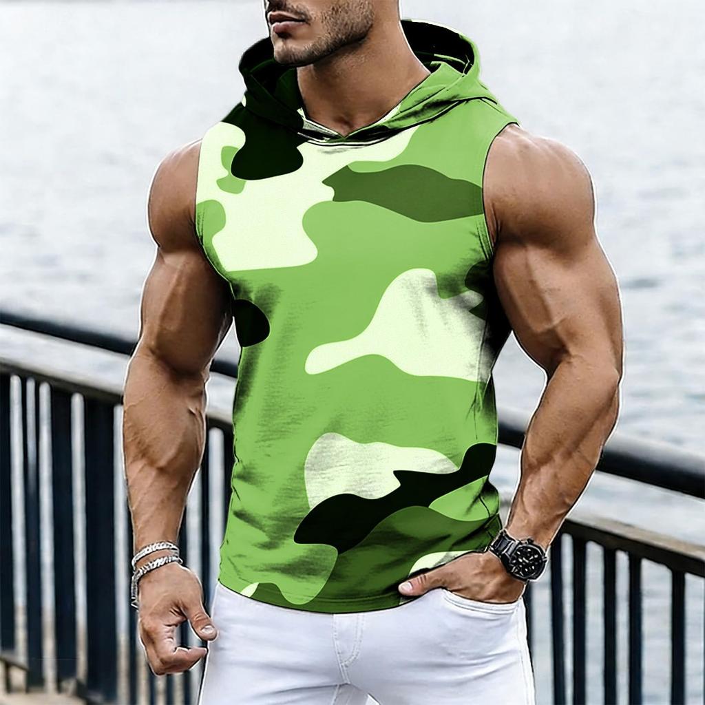 Men's Casual Fashion Printed Sleeveless Hooded Tops | Lightweight Summer Hooded Tank Tops