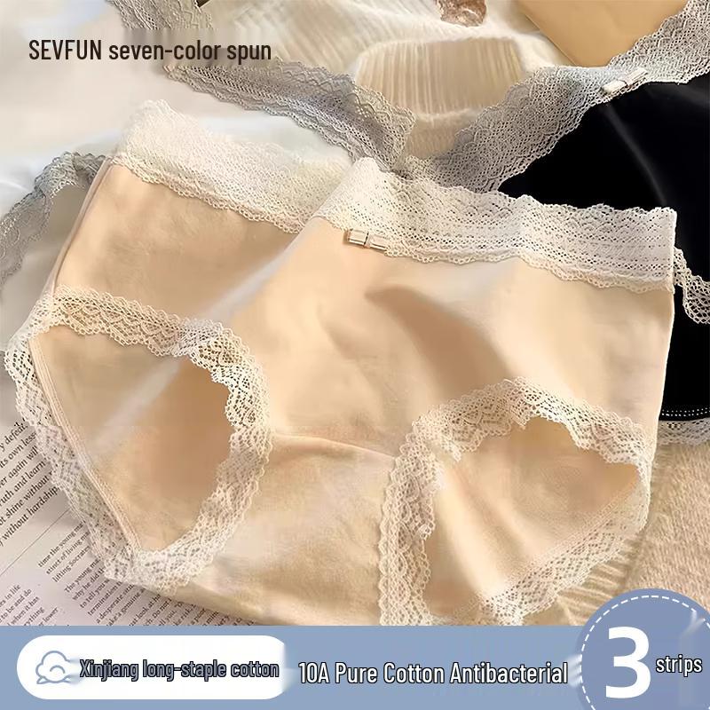 Qisefang Women s Cotton Lace Mid-Waist Briefs (3-Pack) L