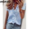 IHUASU Women's Fashion Casual Solid Color Print Short Sleeve V Neck Blouses & Shirts