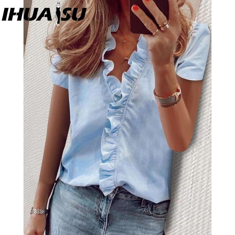 IHUASU Women's Fashion Casual Solid Color Print Short Sleeve V Neck Blouses & Shirts